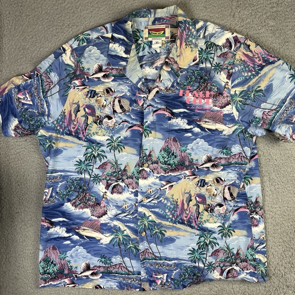 Vintage Banana Jack Button Up Hawaiian Style Shirt Beach Club Wi Fishing Fish XL